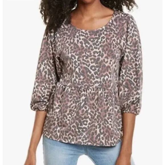 Bobeau Leopard Print Scoop Neck Balloon Sleeve Babydoll Style Top - S - Picture 1 of 8